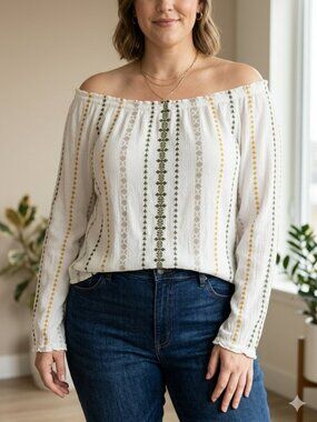 Karen Kane Boho Peasant Top XL White Embroidered 100% Cotton EUC Long Sleeve